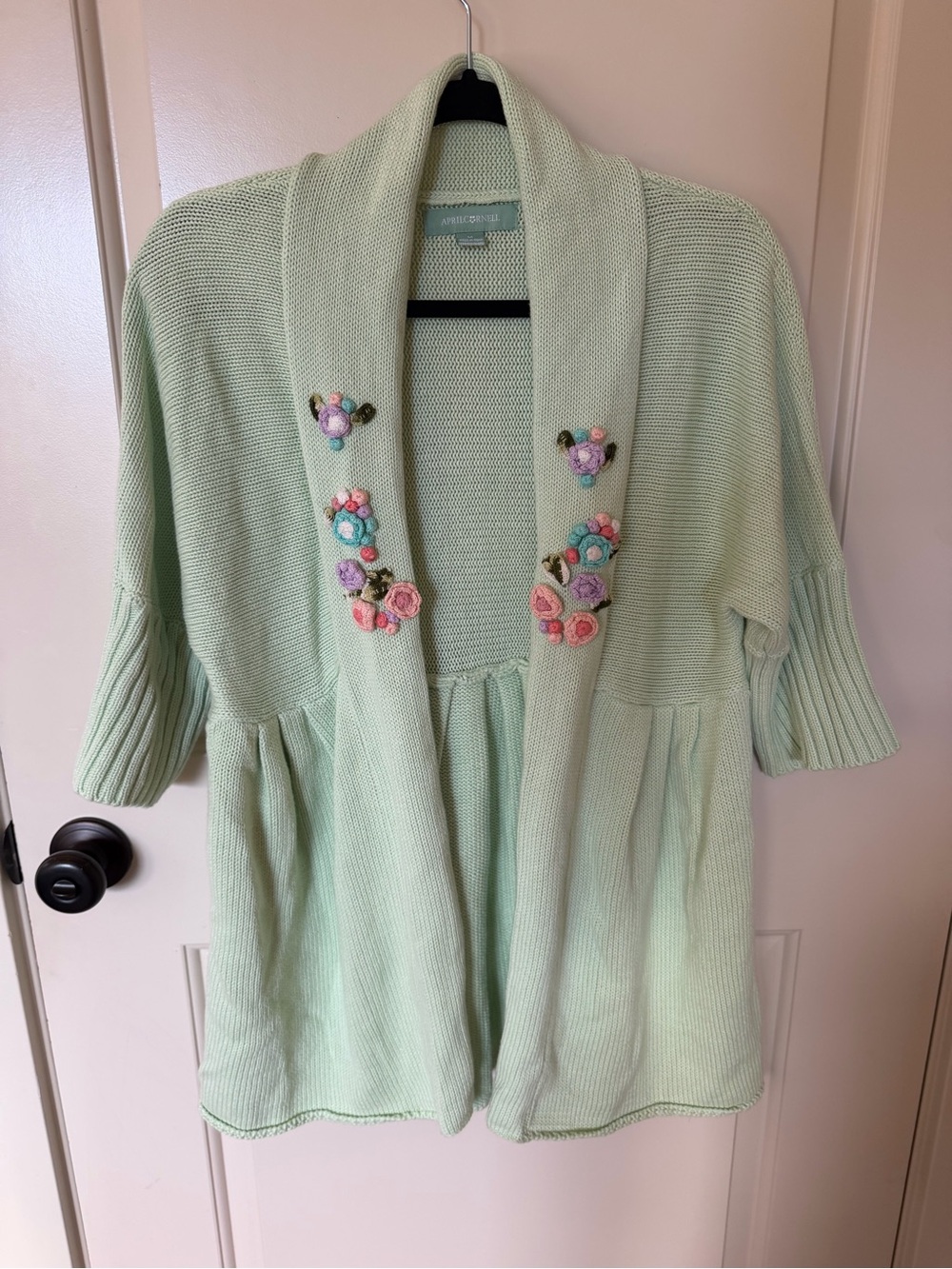 April Cornell Mint Green Embroidered Shawl-Collar Cardigan